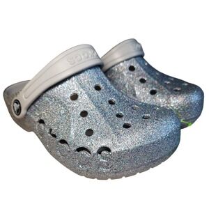 CROCS Baya Clogs Shoes Youth J2 Silver Glitter Sandals Slip-ons Slides